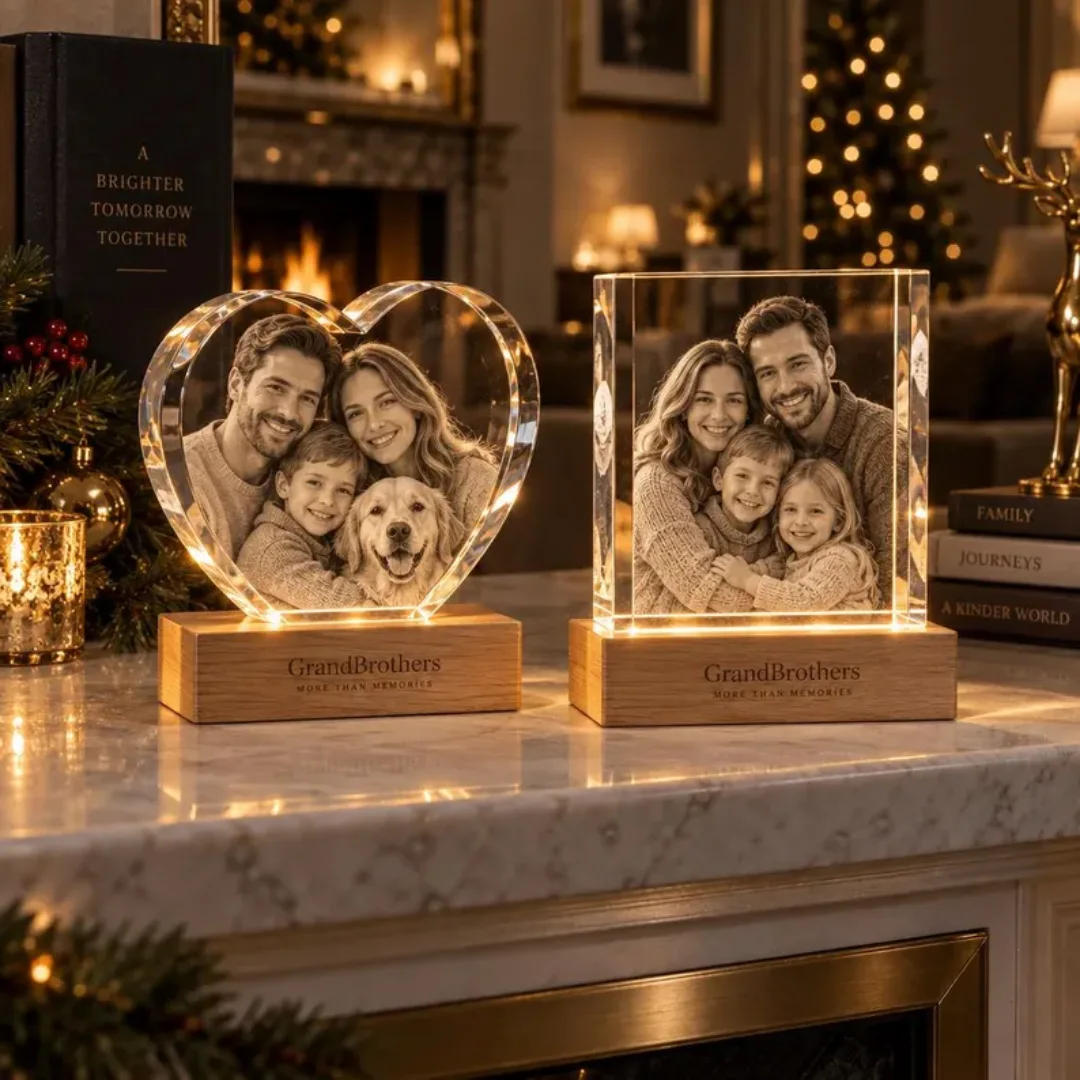 Personalized 3D Crystal Photo, Heart or Rectangle, Optional Oak LED Base